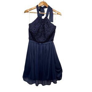 David's Bridal Brides Maid Navy Halter Neck Lace & Chiffon Dress - Size 6 Prom